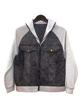Miss Sparkling White Fleece Gray Denim Zip Up Jacket Size Small